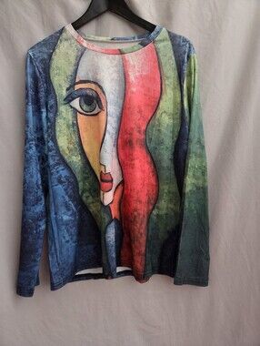 Abstract Portrait Long-Sleeve Women’s Top in Multi-Color